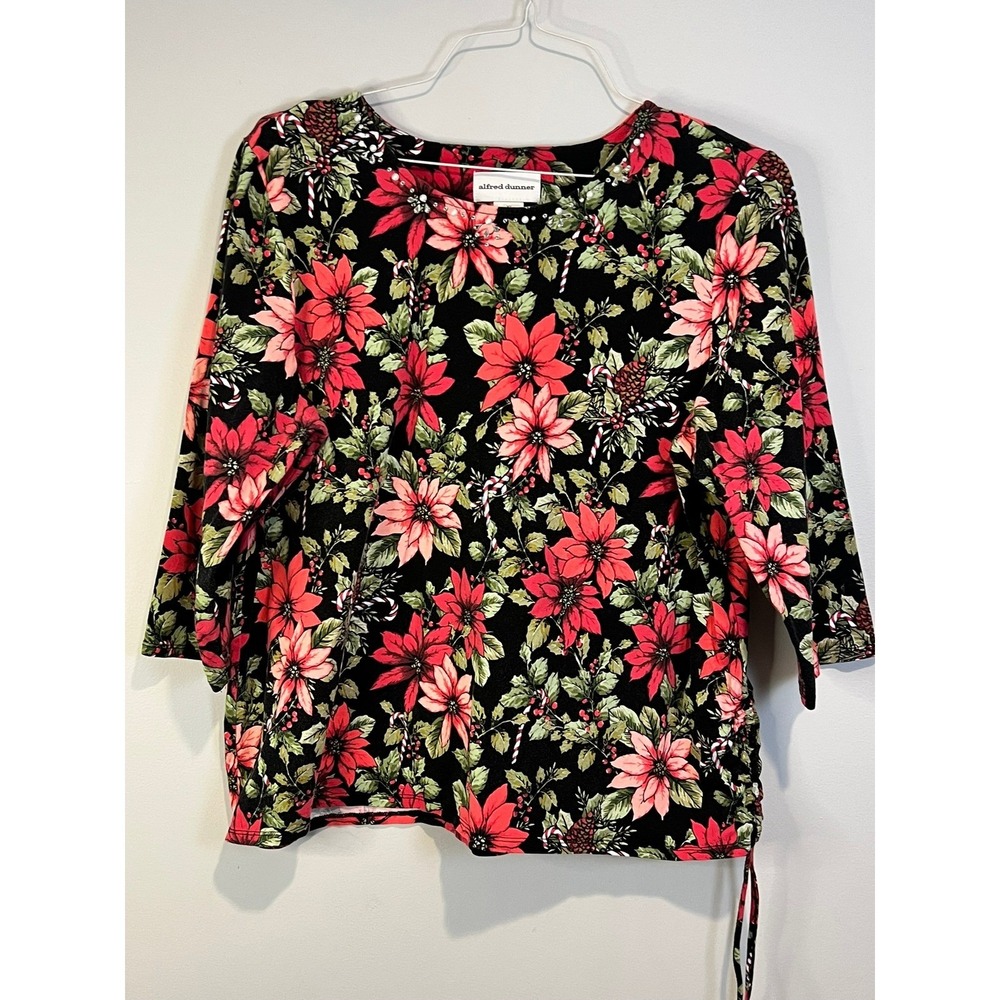 Alfred Dunner Black Floral Scoop Neck Top with Red-Pink Blossoms. Didn’t fit! - Picture 2 of 7